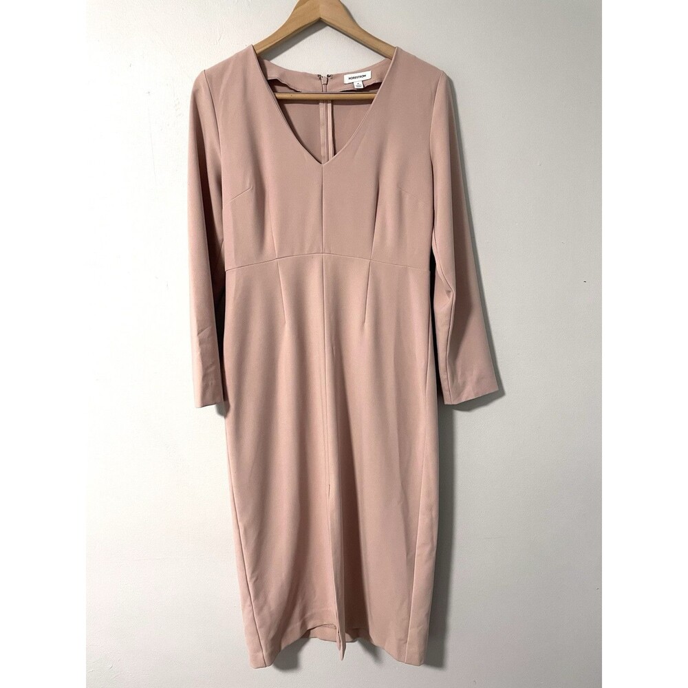Nordstrom Long-Sleeve V-Neck Midi Sheath Dress‎ in Pink Adobe M Career